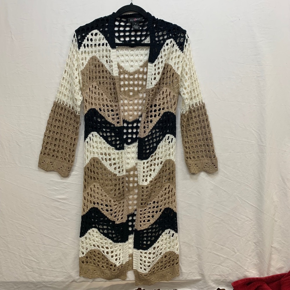 Runway Womens Small Crochet Longline Cardigan Chevron Wave Duster Black Tan